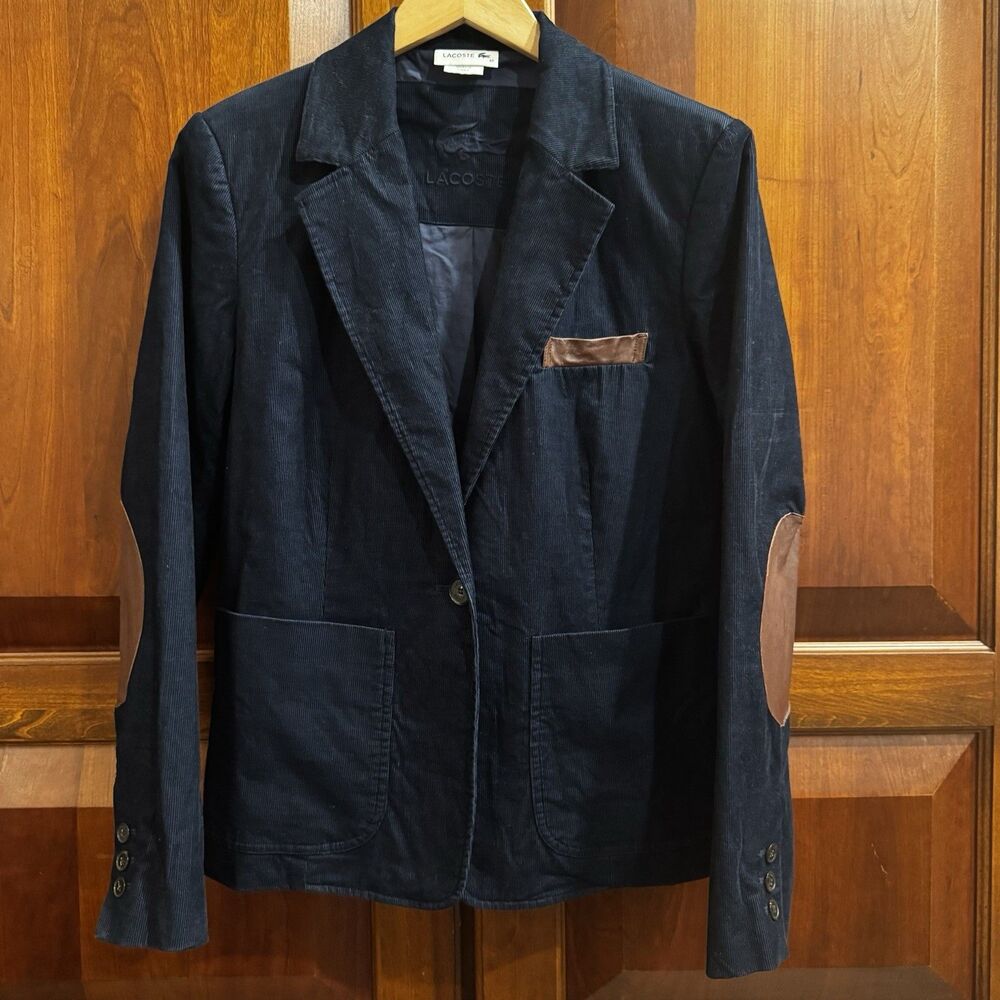 LACOSTE Navy Blue Stretch Corduroy Blazer with Brown Elbow Patches Sz 40 / M